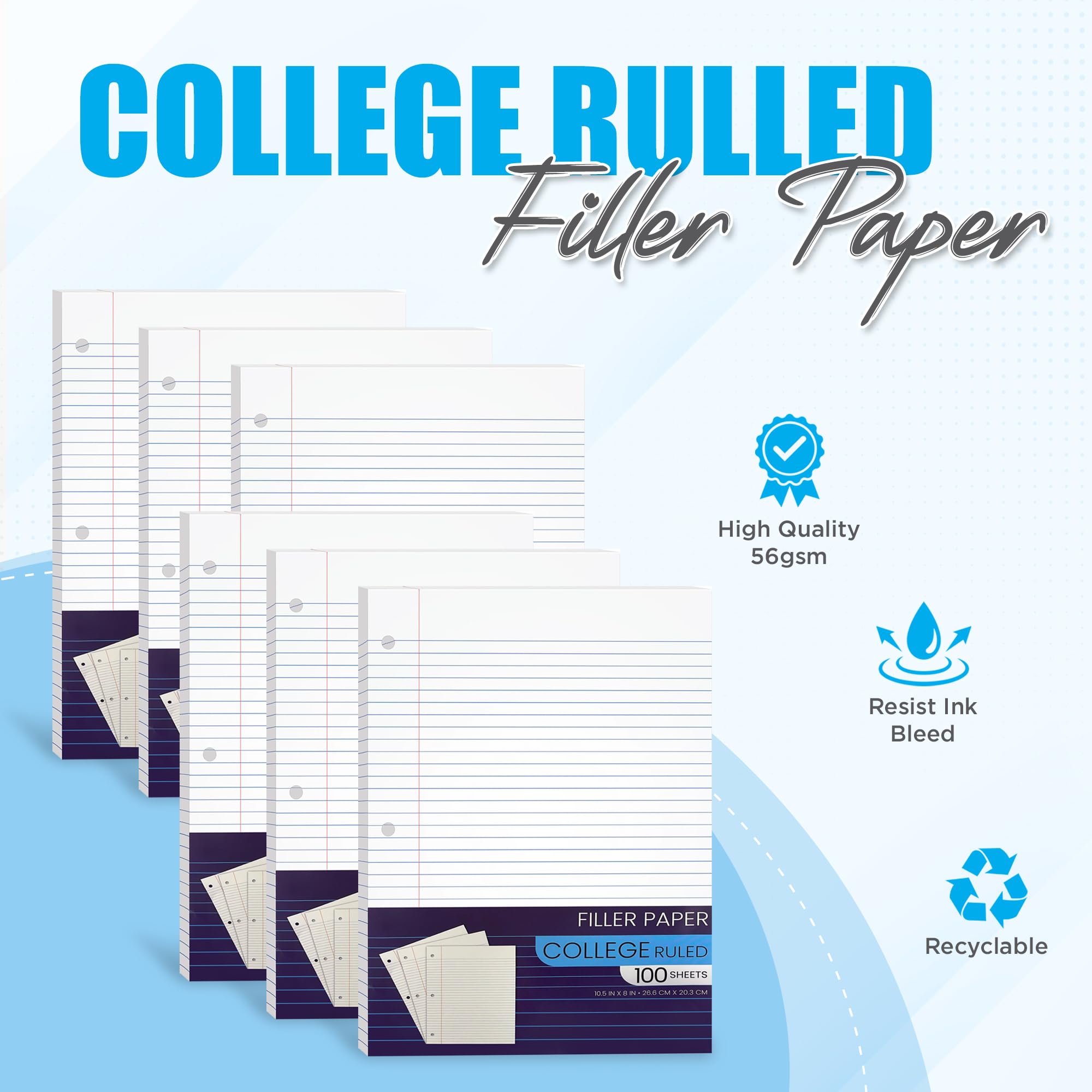 Lot de 6 feuilles de papier ligné pour carnet de notes à 3 anneaux, 26,7 x 20,3 cm, pour collège, école, salle de classe