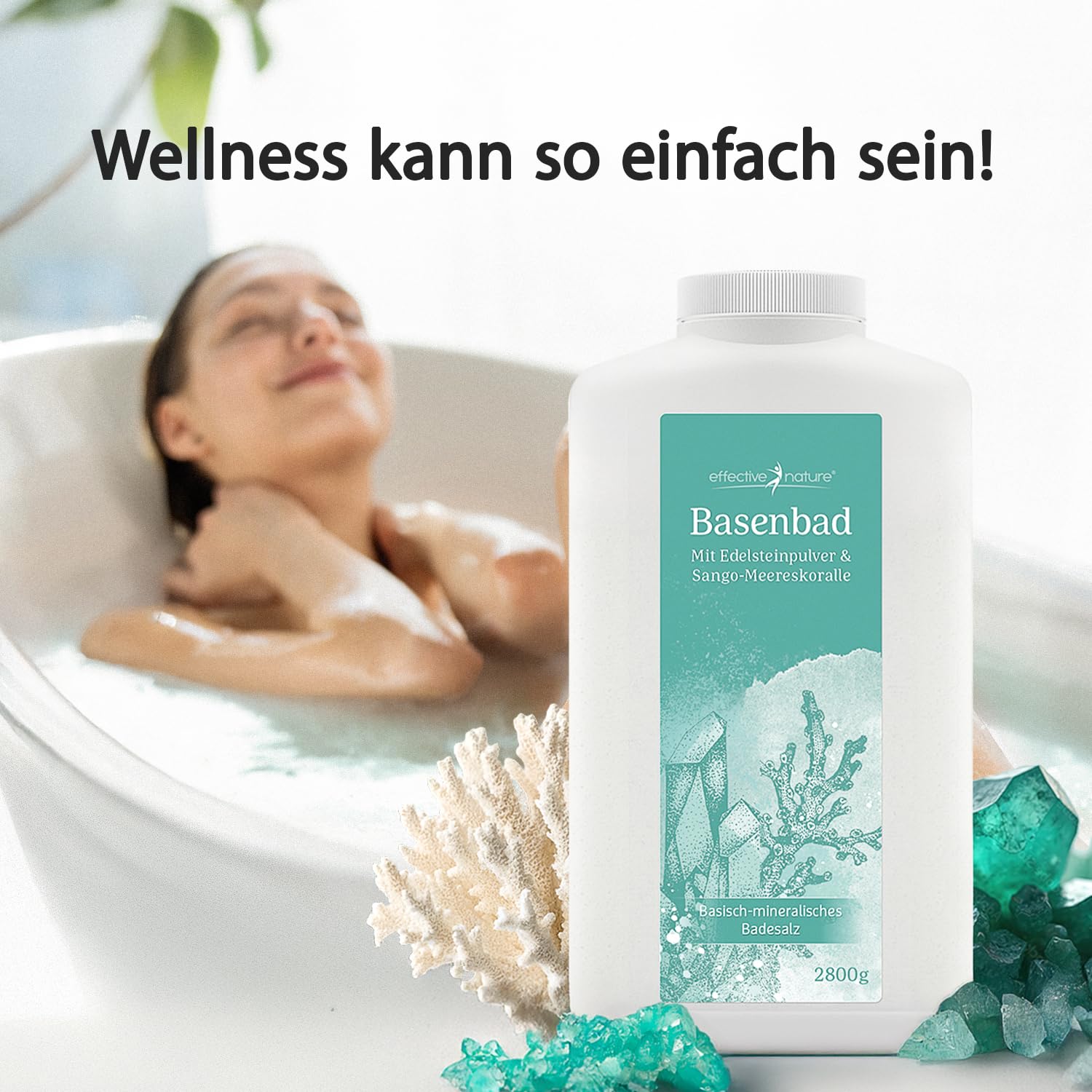 effective nature Basenbad - basisches Badesalz mit Sango-Meereskoralle & Edelsteinpulver - ergiebiger Badezusatz fürs Vollbad, Sitzbad & Fussbad - Wellness & Regeneration nach dem Sport - 2800 g | ergiebiger Badezusatz fürs Vollbad, Sitzbad & Fussbad mit