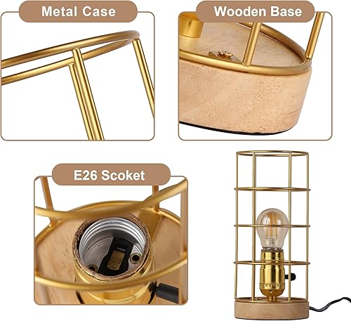 Miniatura 4 de Lámpara de mesa industrial dorada con jaula de metal, lámpara de escritorio rústica de latón con interruptor de cable enchufable, lámpara de mesa