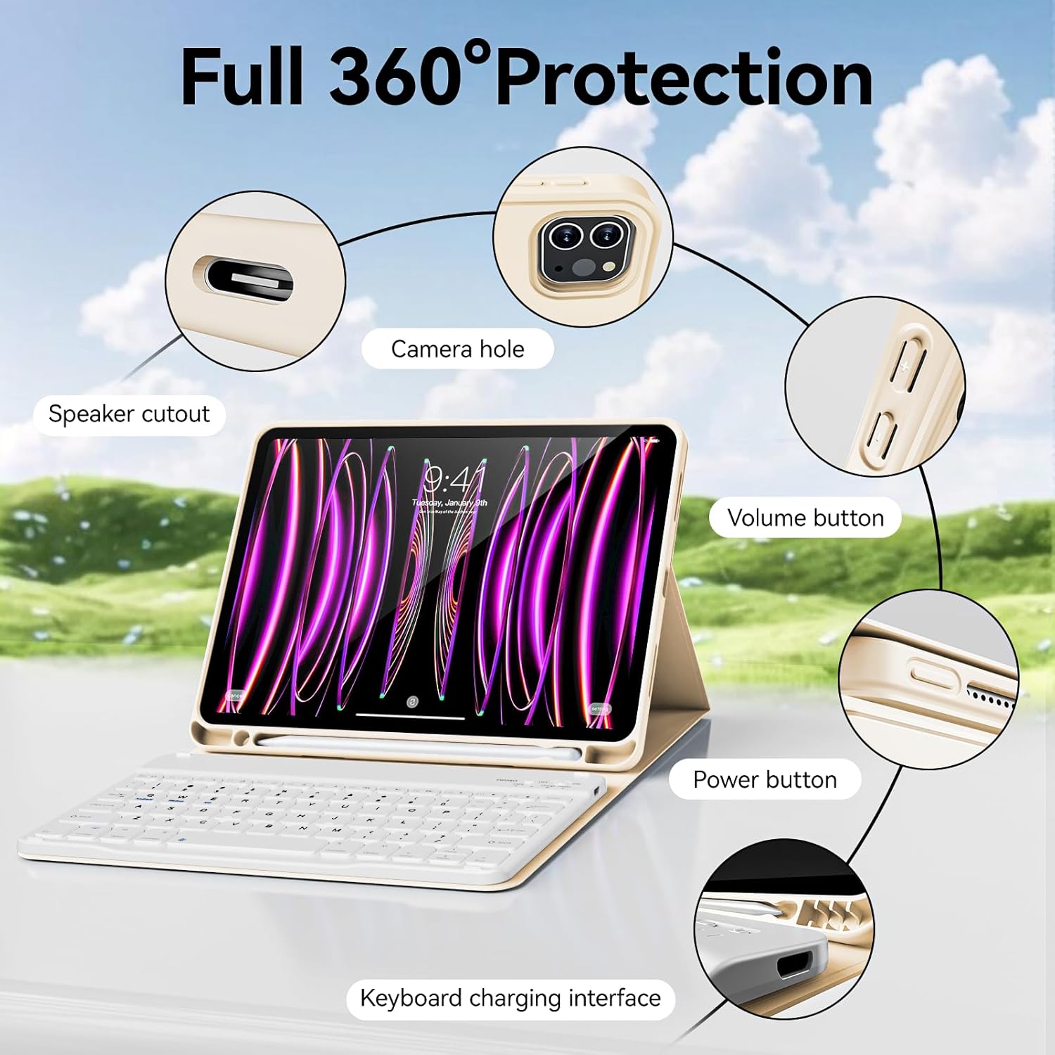 Keyboard Case for iPad Pro 11 Inch 4th Generation/Pro 3rd Gen/Pro 2nd Gen with Pencil Holder, Folio Detachable Wireless Bluetooth Keyboard & Flip Stand Case for iPad Pro 11 Inch, Cream White