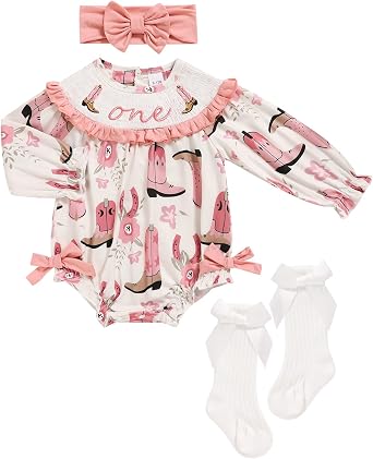 GRNSHTS Baby Girl 1st Birthday Outfits One Year Old Printed Romper Embroidery Bodysuit Cake Smash Clothes
