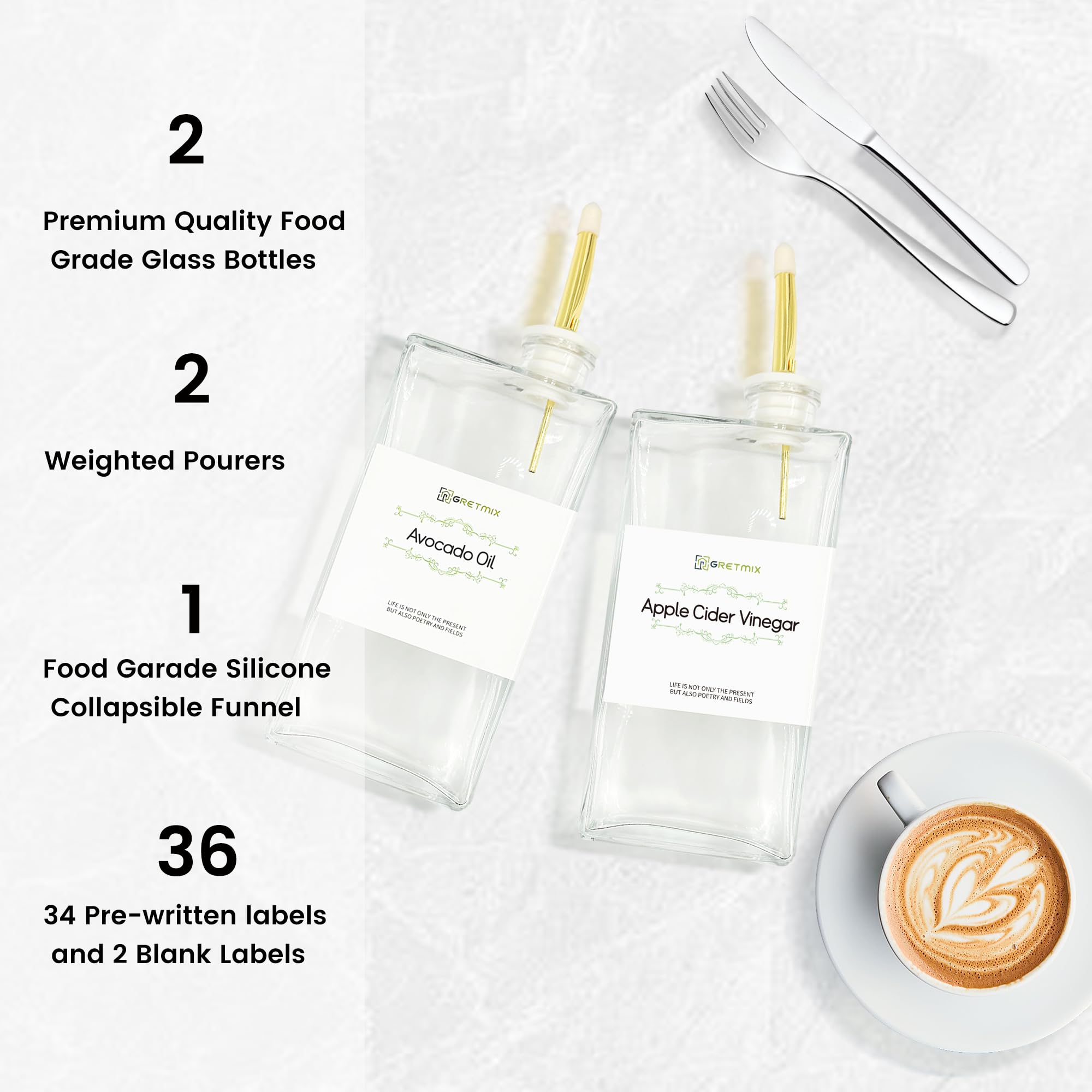 GRETMIX Olive Oil Dispenser for Kitchen, Cooking Oil Dispenser, Vinegar Set, 500ml Glass Olive Bottle, Soy Sauce, Coffee Syrup Dispenser - Set of 2, Gold