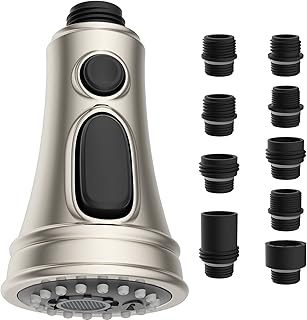 Hibbent Pull Down Kitchen Faucet Sprayer Head - 3 Function, Brushed Nickel, Compatible with Most Faucets (G1/2, 9 Adapters)