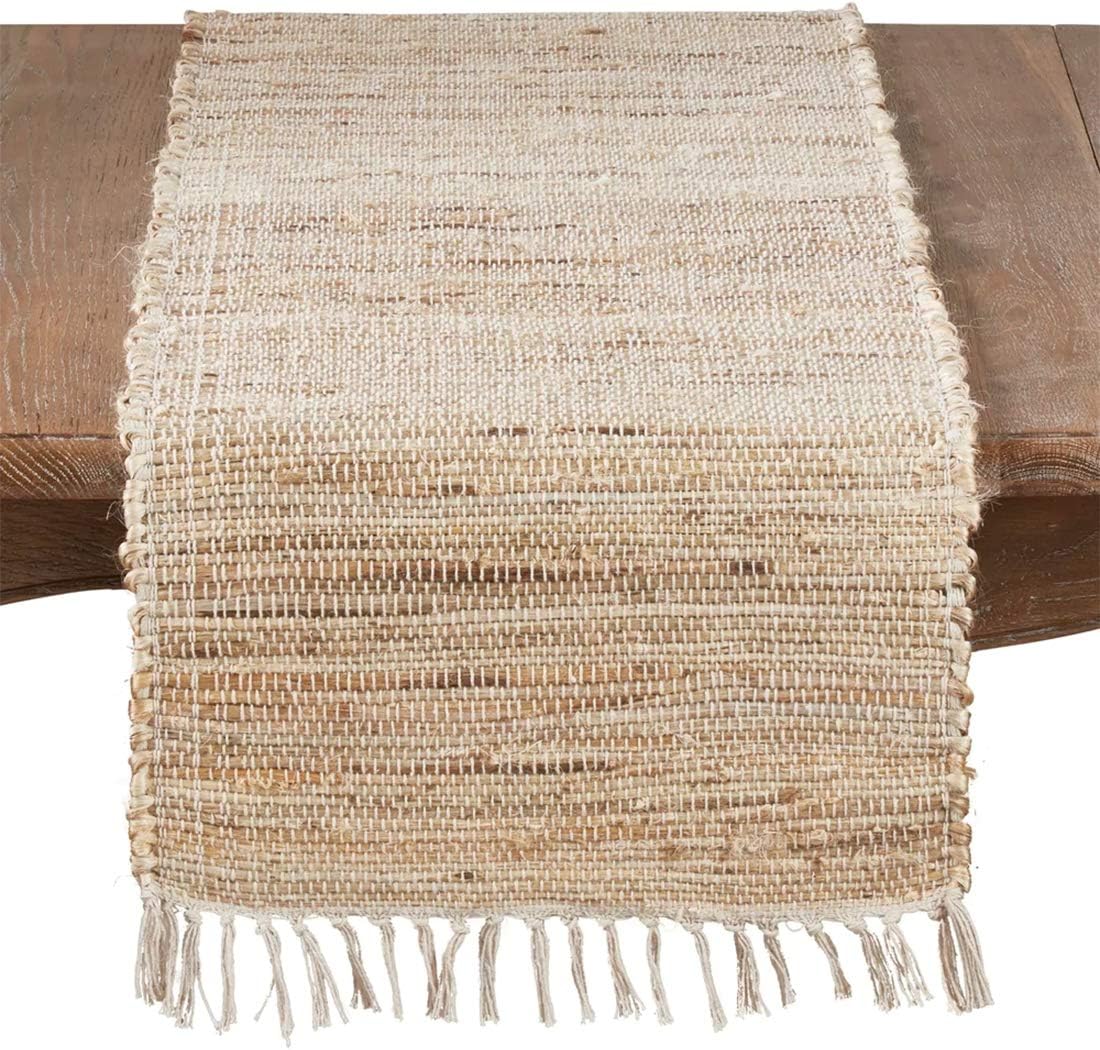 Fennco Styles 100% Jute Chindi Tassel Design Farmhouse Table Runner 16 x 108 Inch - Natural Table Cover for Home, Dining Room, Banquets, Family Gathering and Special Occasion