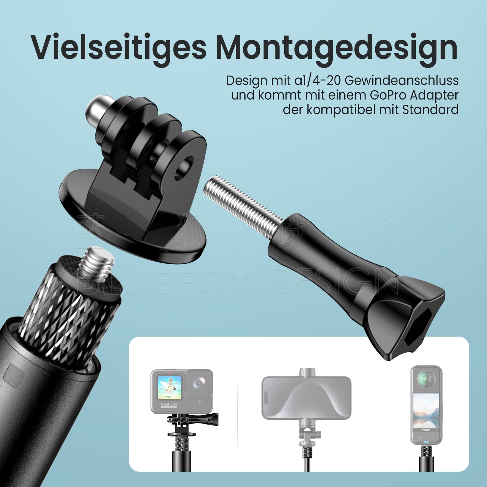 1.8M Super Langer unsichtbarer Selfie-Stick, 7-Stange Action-Kamera-Stick für Insta360X5,1/4" Extendable Handheld Pole Stick Monopod mit Gopro-Adapter Kompatibel mit X3, One X/X2, One R,GO2, Hero 12
