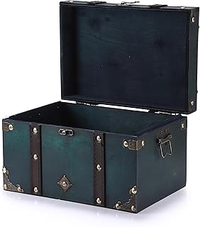 ELLDOO Vintage Treasure Chest, Pirate Keepsakes Box for Gifts, Wooden Storage, Green Decorative Container for Jewelry, Pearl Trinkets, Tarot Cards - Large