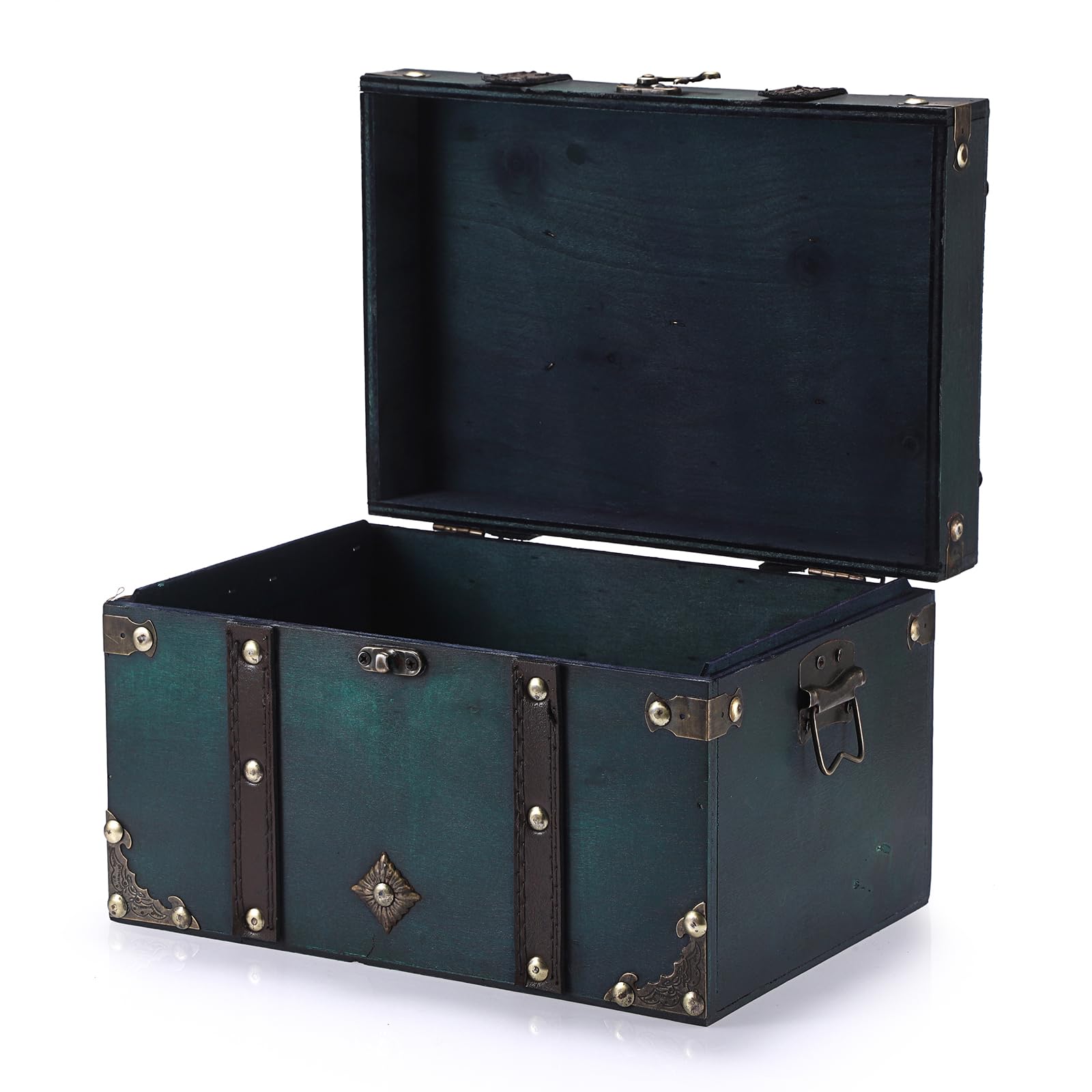 ELLDOO Vintage Treasure Chest, Pirate Keepsakes Box for Gifts, Wooden Storage, Green Decorative Container for Jewelry, Pearl Trinkets, Tarot Cards -