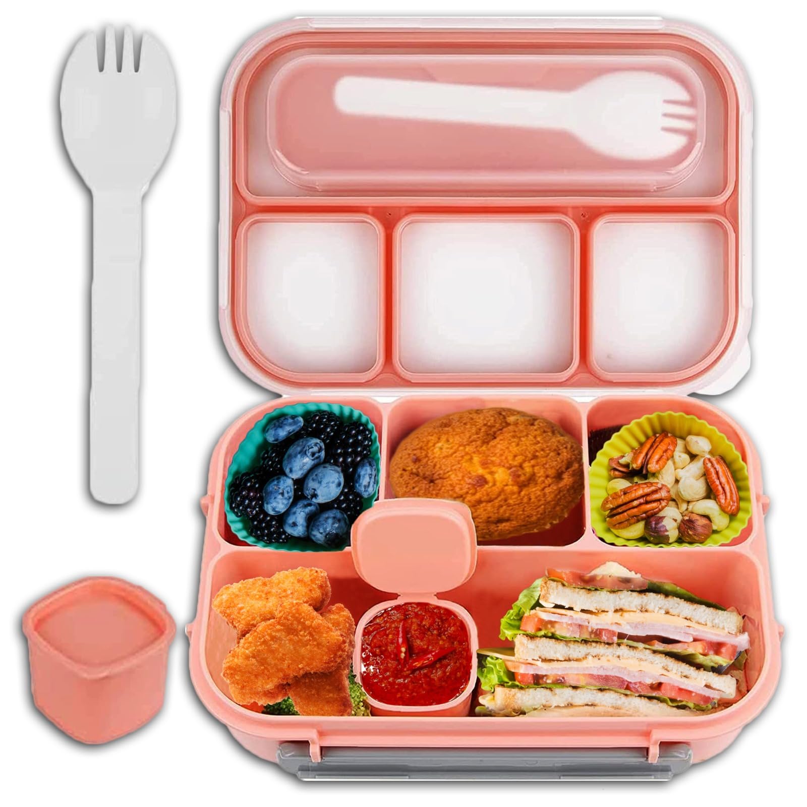 Lunch box for adults, Bento Lunch Box With fork,4 Compartments 1300ML Lunch Box For Kids-leak Proof Microwave/Dishwasher/Freezer Safe Square Lunch Containers BPA Free Tiffin Box (Pink)