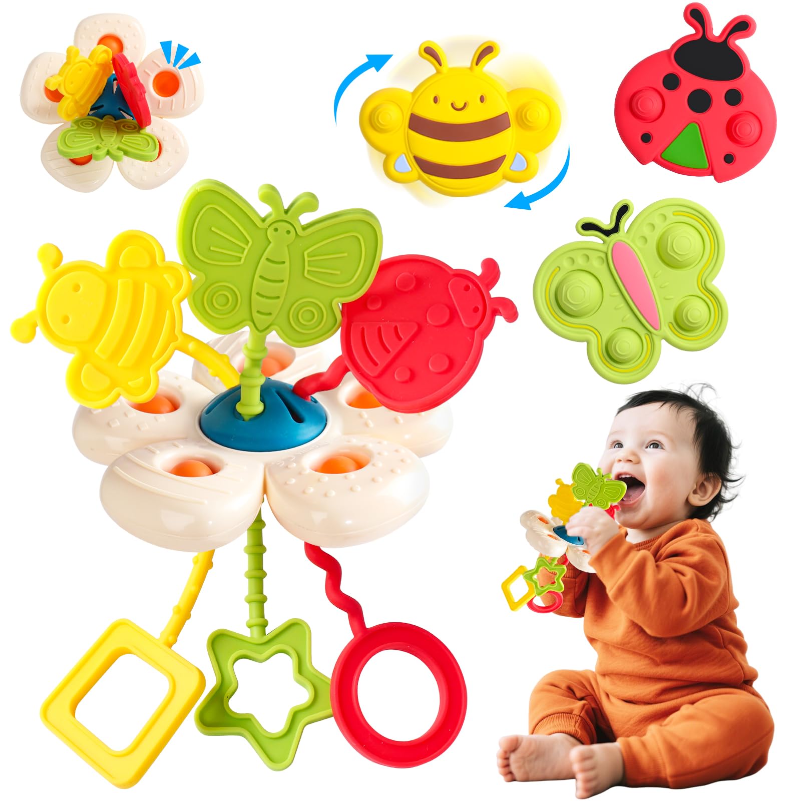 Fajiabao Juguetes Bañera Bebe,Juguete Bebes 6-12 Meses Montessori Juguete de Baño con Spinner Ventosa Juegos + Tirar Cuerda Sensorial Mordedor Regalo Bebe 1 2 Año