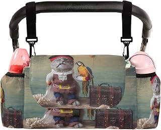 CUPADA Pirate Cat with Parrot Universal Stroller Organizer with 2 Cup Holders, Funny Animal Stroller Organizer Bag and Removable Shoulder Strap Fits Most Baby and Pet Strollers