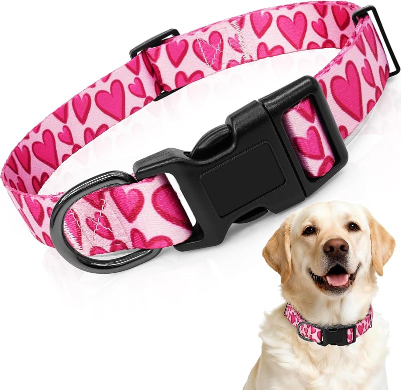 Coleira para Cães em Nylon Macio com Estampa de Corações Hot Pink, Ajustável Kazazoo (L)