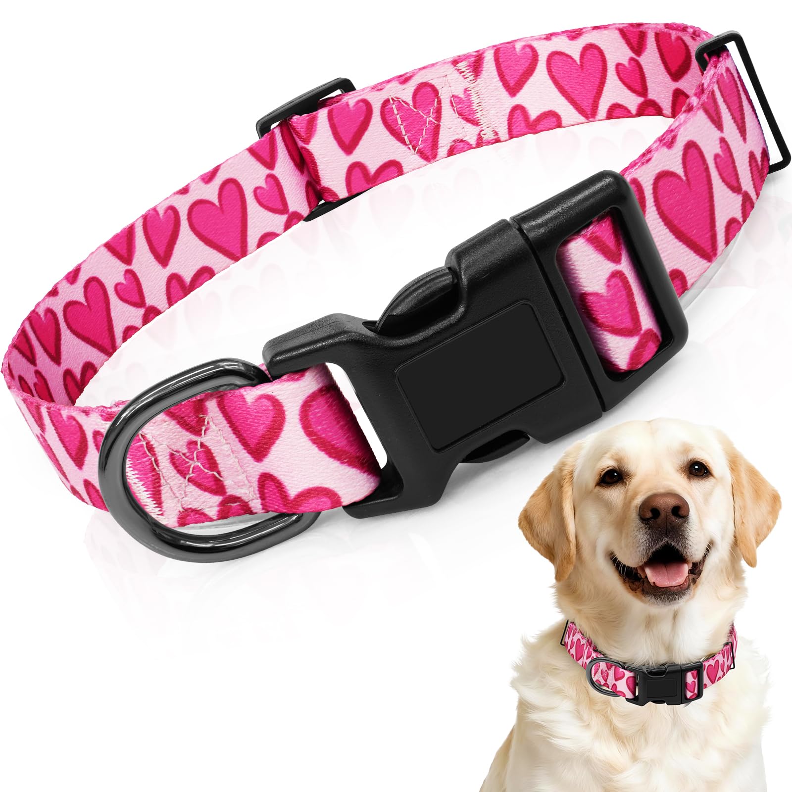 Kazazoo Dog Collar Cute and Soft Nylon Puppy Collar Girl Dogs, Adjustable Dog Collars for Large Dogs, Hot Pink Heart-L