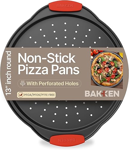Miniatura 14 de Sartén para hornear pizza Bakken - Bandeja redonda perforada de acero al carbono con revestimiento de mármol antiadherente, mango de silicona extra