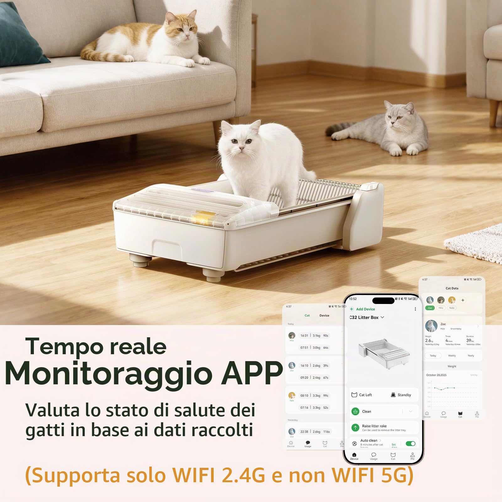 Lettiera autopulente per gatti aperta, extra grande, automatica elettrica con controllo degli odori, controllo tramite app, design anti-incastro, con 1 sacchetto di lettiera