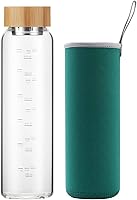 Vista 9 de Sunkey Botella de agua de vidrio, 32 onzas, boca ancha con funda, tapa de bambú, botella de agua motivacional con marcador de tiempo, reutilizable