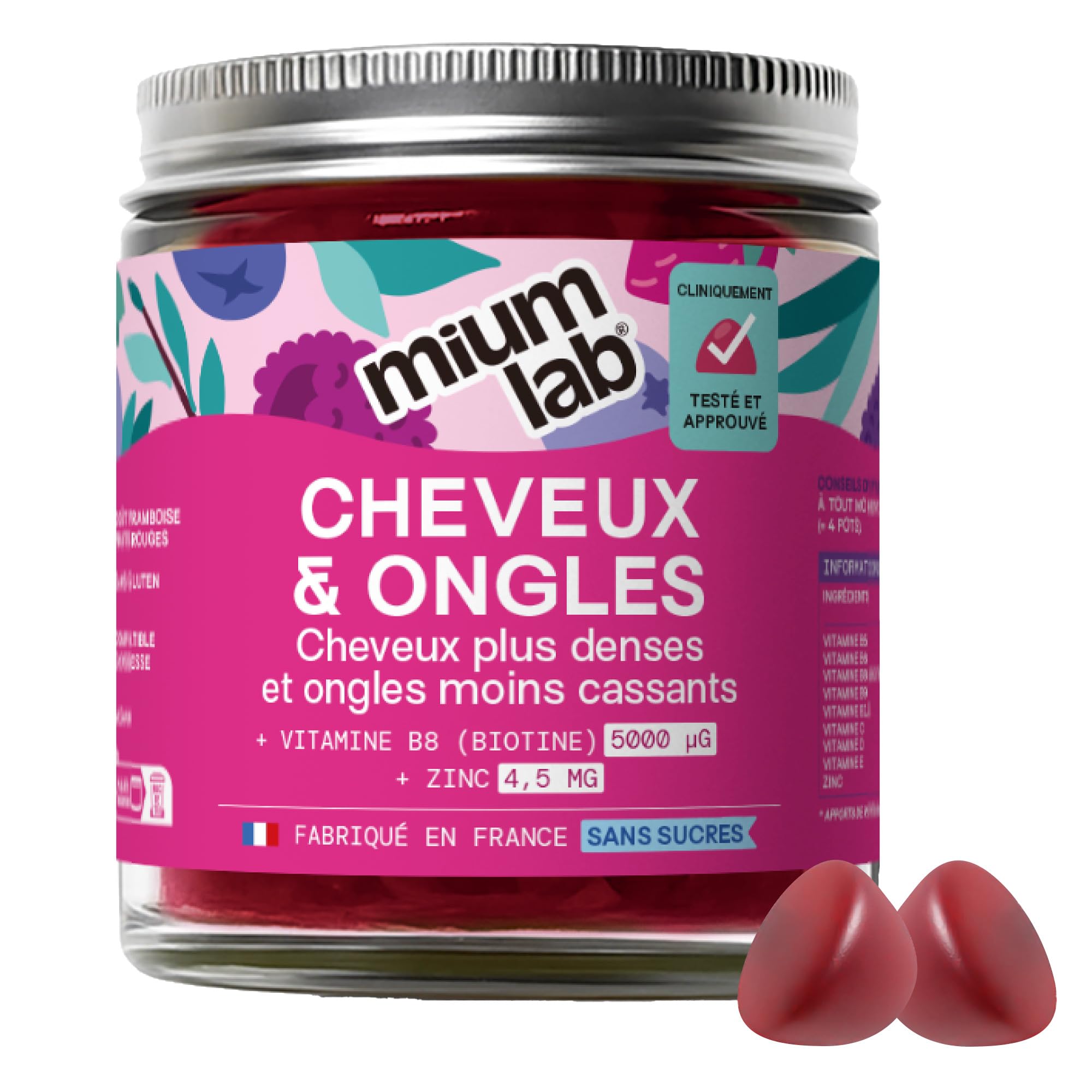 Mium Lab - Cure 21 jours - Pousse & Fortification Cheveux et des Ongles - Cliniquement testé & Hautement dosé (10000% Biotine) | Gummies Goût Fruits Rouges Sans Sucre | Fabriqués en France