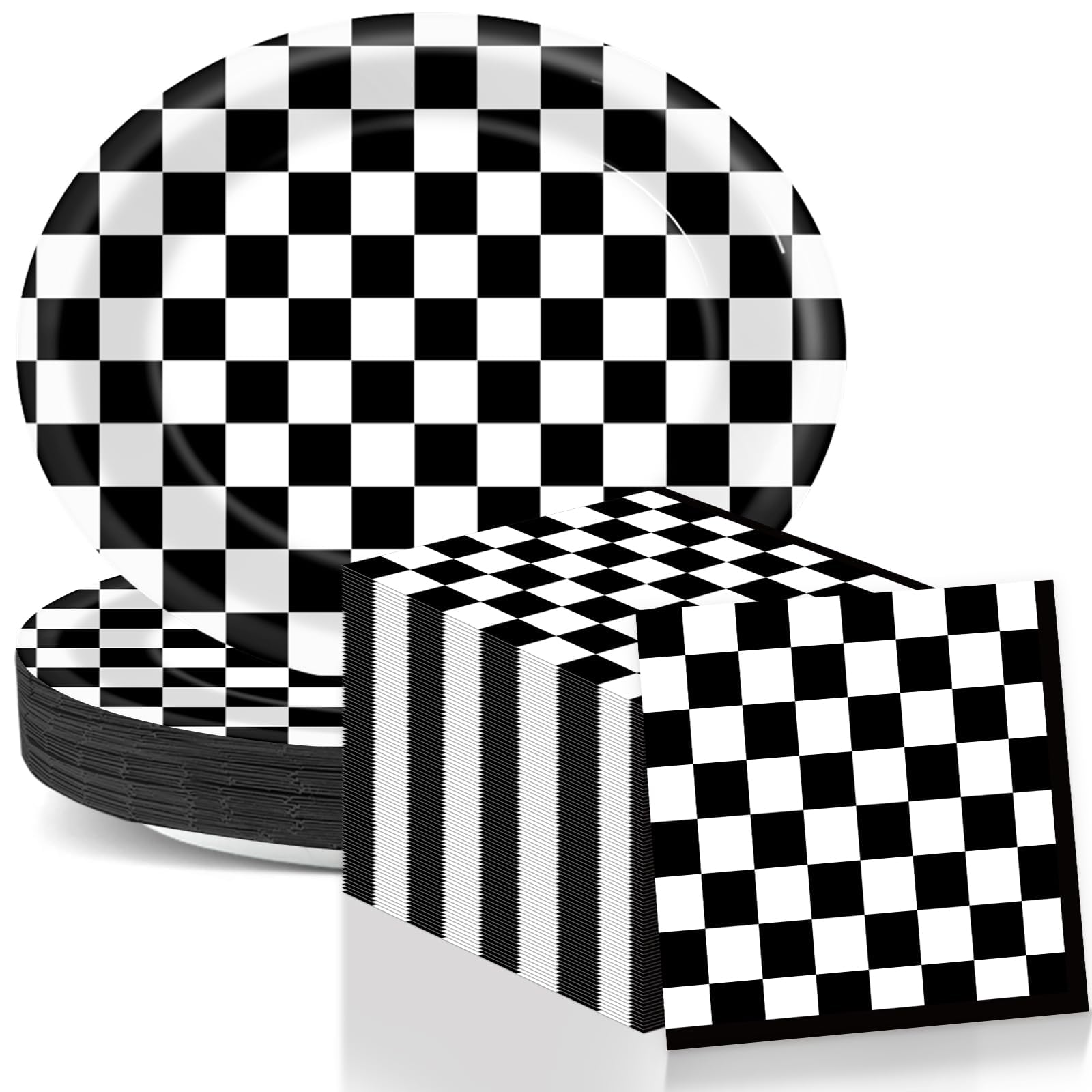 Racing Car Party Oval Paper Plates 11inch Black & White Checkered Flag Plates and Napkins, Dish Tray for Race Fans Birthday Party Supplies Dirt Bike