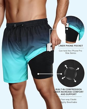 American Trends Men's Swim Trunks 7 Inch with Compression Liner - Quick Dry UPF 50+ Beach Bathing Suit for Men