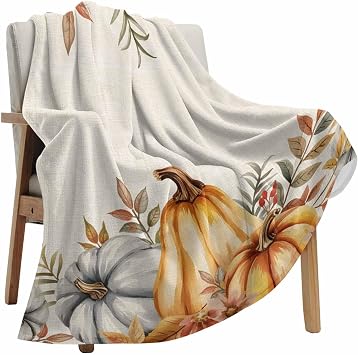 Fall Throw Blanket Orange Pumpkin Thanksgiving Fleece Blanket for Couch Sofa White Pumpkin Orange Leaves Soft Warm Bed Blankets Lightweight Cozy Blankets and Throws 30"x40" Autumn Decorations