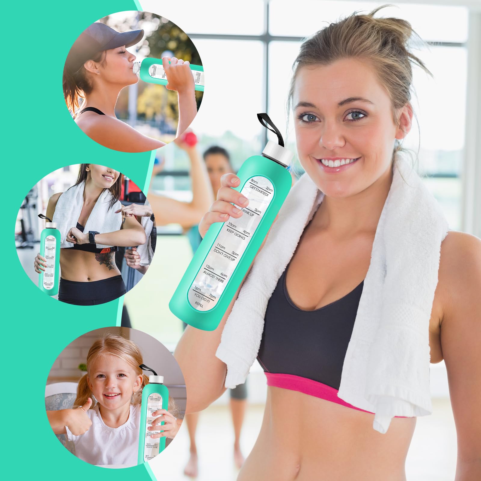 Borraccia In Vetro Da 1 Litro Con Custodia In Silicone E Coperchio In Acciaio Inox, Indicatore Del Tempo, Antiperdita, Per Sport, Fitness, Palestra E Viaggi (1000 Ml, Blu Scuro)