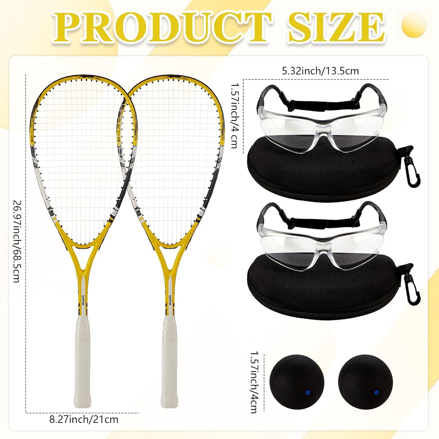 2 Pack Beginner Squash Racquet Set Includes Racquets with Racket Bags Anti Fog Goggles Cases Blue Dot Ball Indoor Gym Sports for Beginners Novice Training Recreational Play