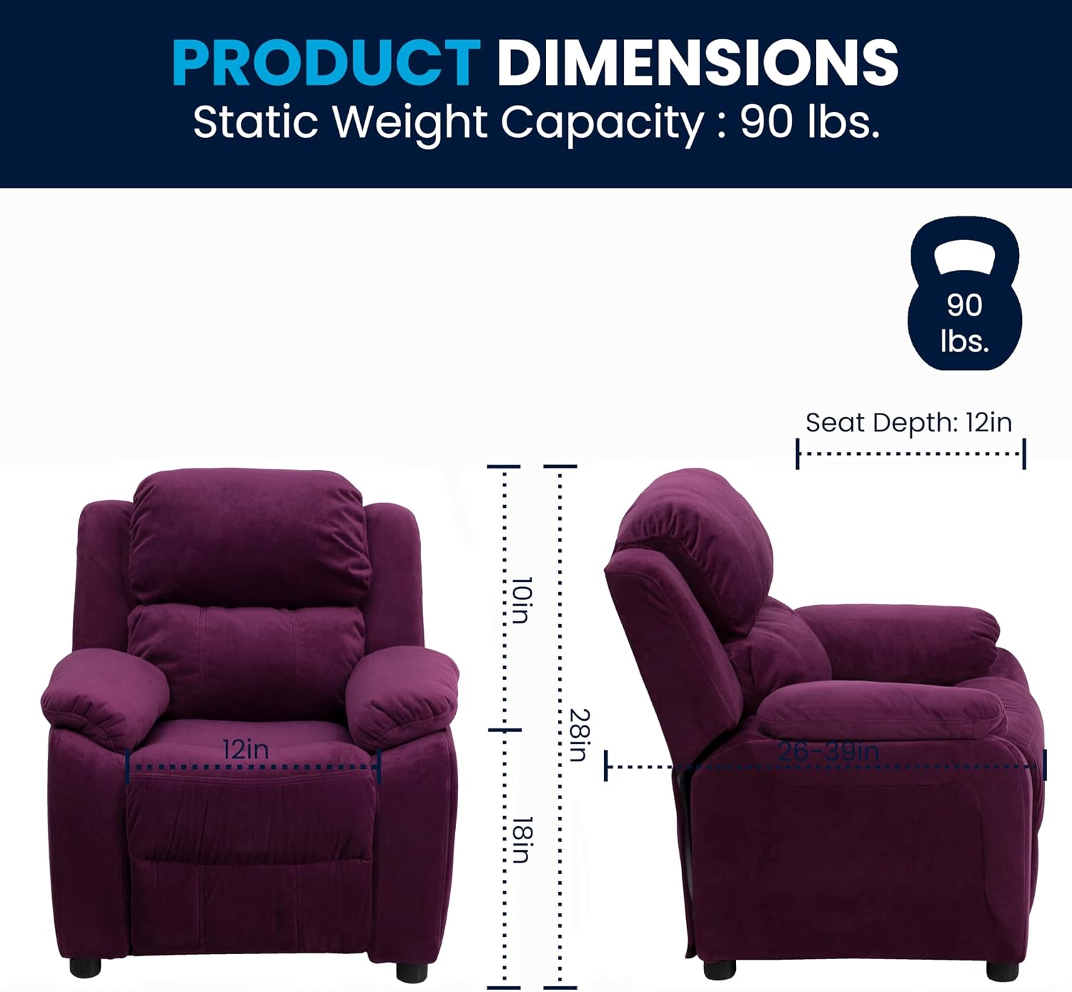 Flash Furniture Charlie Microfiber Kids Recliner with Flip-Up Storage Arms and Safety Recline, Contemporary Reclining Chair for Kids, Supports up to 90 lbs., Purple