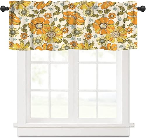 Cortina de cenefa floral vintage de los años 70 para cocina, rústica, bohemia, naranja, caricatura, hippy, flores botánicas, cortinas para niños,