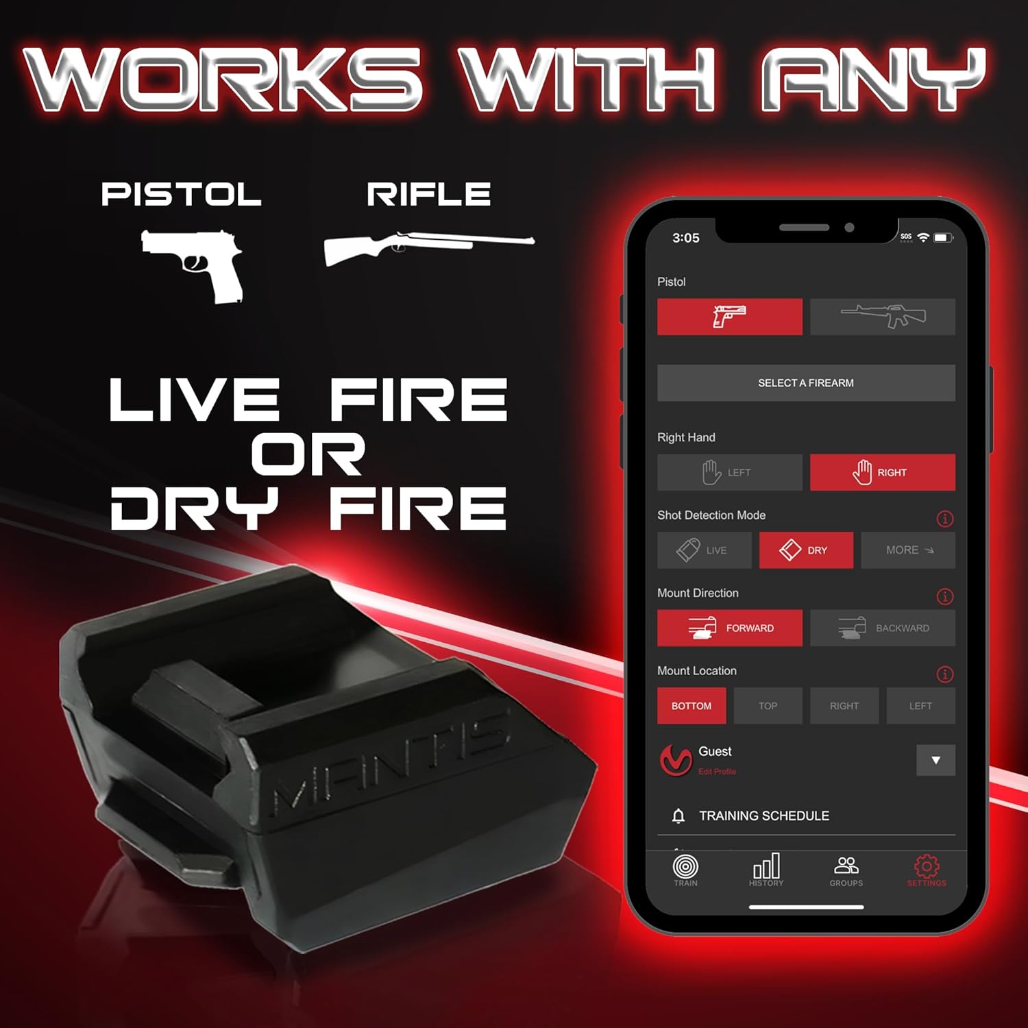 Mantis X3 device shown with text 'Works with Any Pistol, Rifle, Live Fire or Dry Fire' and app interface.