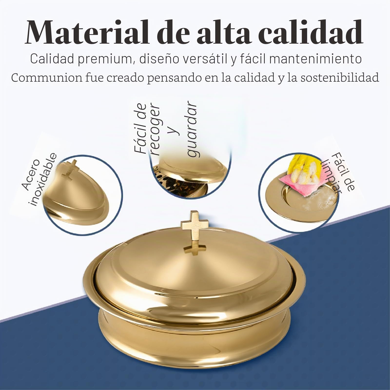 Communion Ware - Bandeja para servir vino sagrado con tapa y plato apilable para pan con tapa, acero inoxidable (latón/dorado brillante)