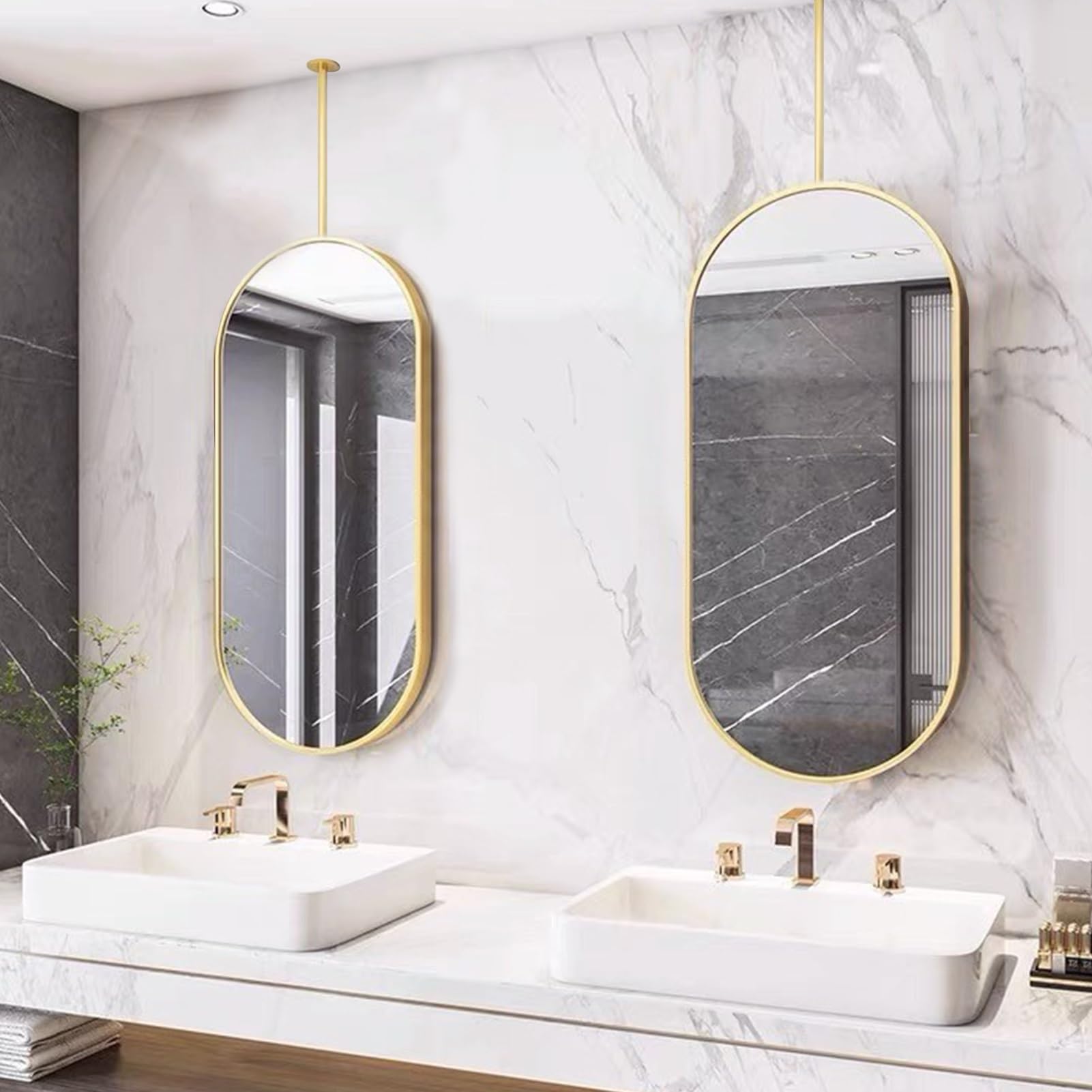 GLJTUO Bathroom Vanity Mirror, Ceiling Hanging Floating HD Wall Mounted Oval Mirror with Gold Metal Frame and Rods, Simple Decorative Mirrors for Home or Hotel - Customizable,size_name-40cmx60cm
