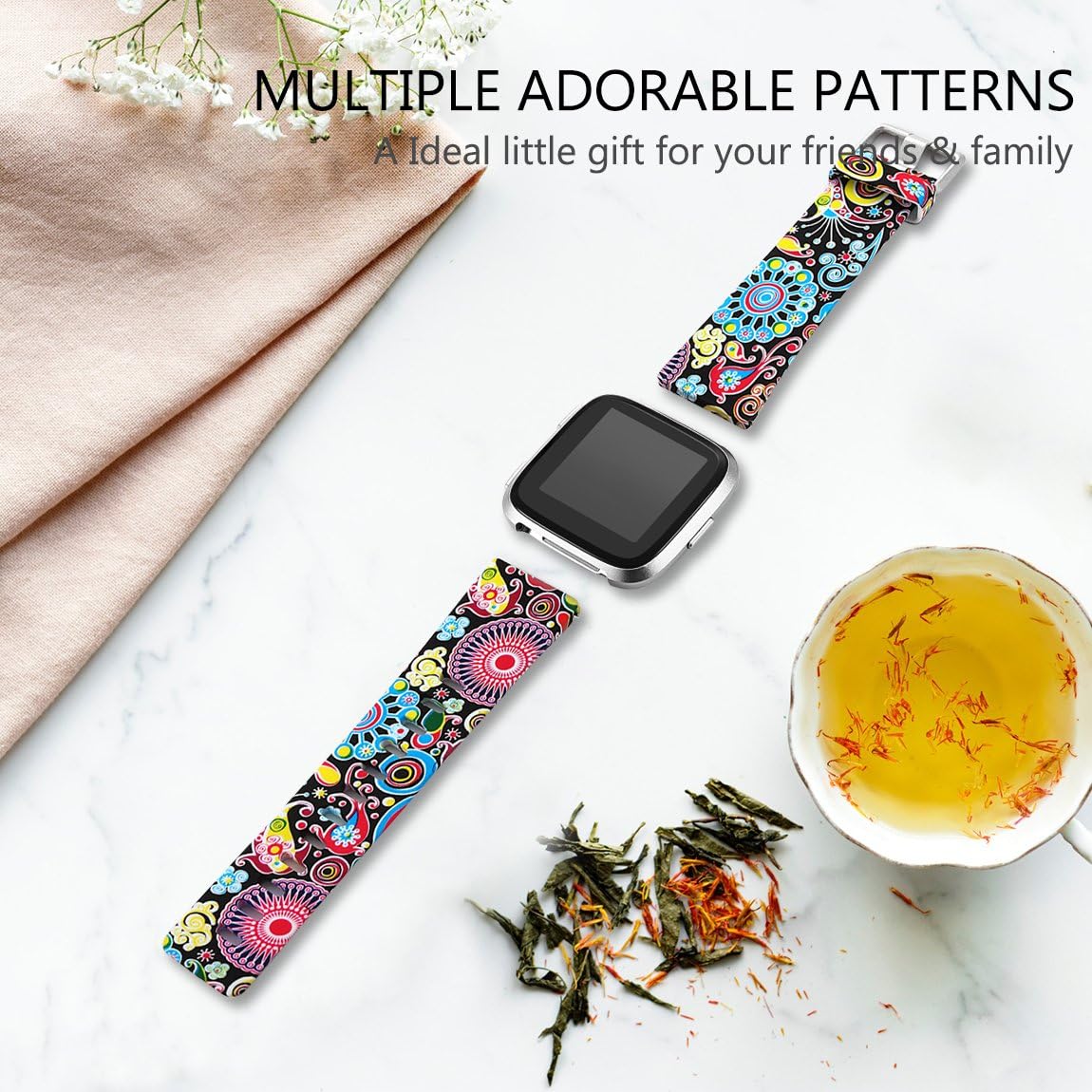 Maledan Compatible with Fitbit Versa 2/Versa Lite SE/Versa Bands for Women Men, Fadeless Pattern Band Printed Floral Strap Replacement for Fitbit Versa Smart Watch Family