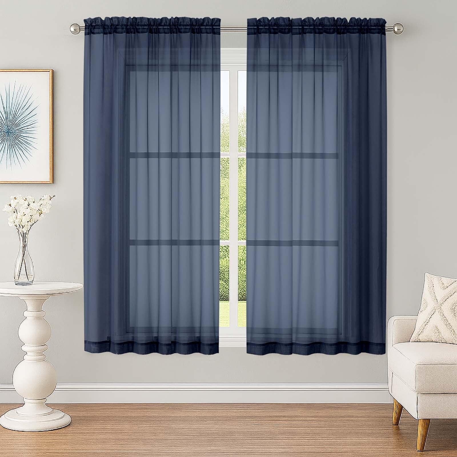 Sheer Navy Blue Curtains, Sheer Curtains 63 inch Length 2 Panels Set, Rod Pocket Voile Fimly Sheer Drapes for Living Room Bedroom, 2pcs, Navy Blue, Each 59" W x 63" L