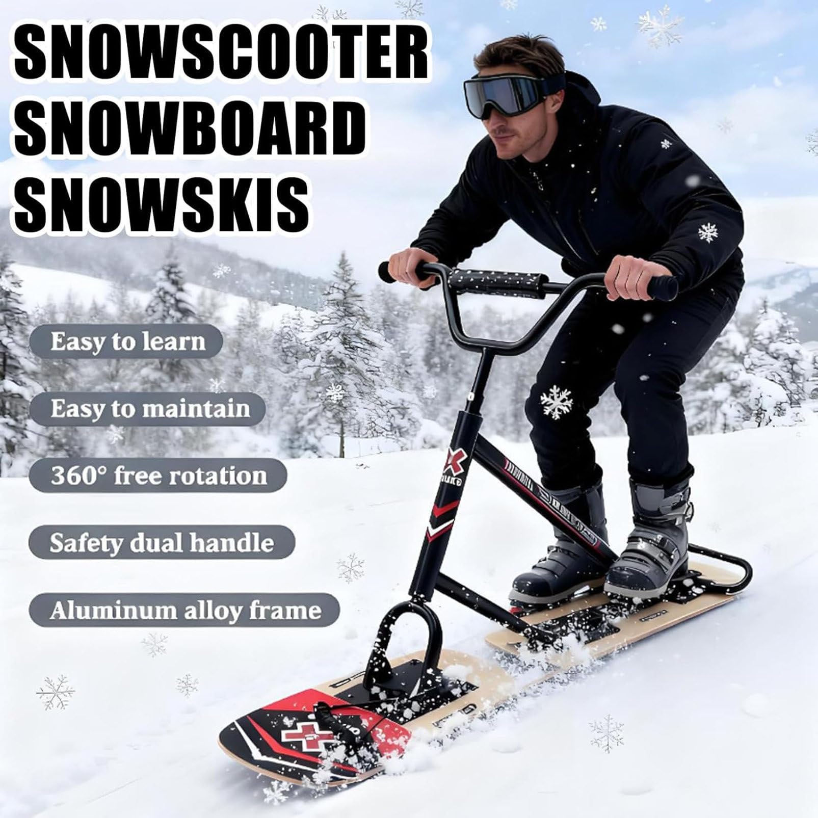 Monopattino da Neve per Adulti, Monopattino da Sci, Snowboard, Slitta Pieghevole Scorrevole con Maniglia di Presa, capacità di 150 kg, motoslitta Professionale per Tutti i Terreni A