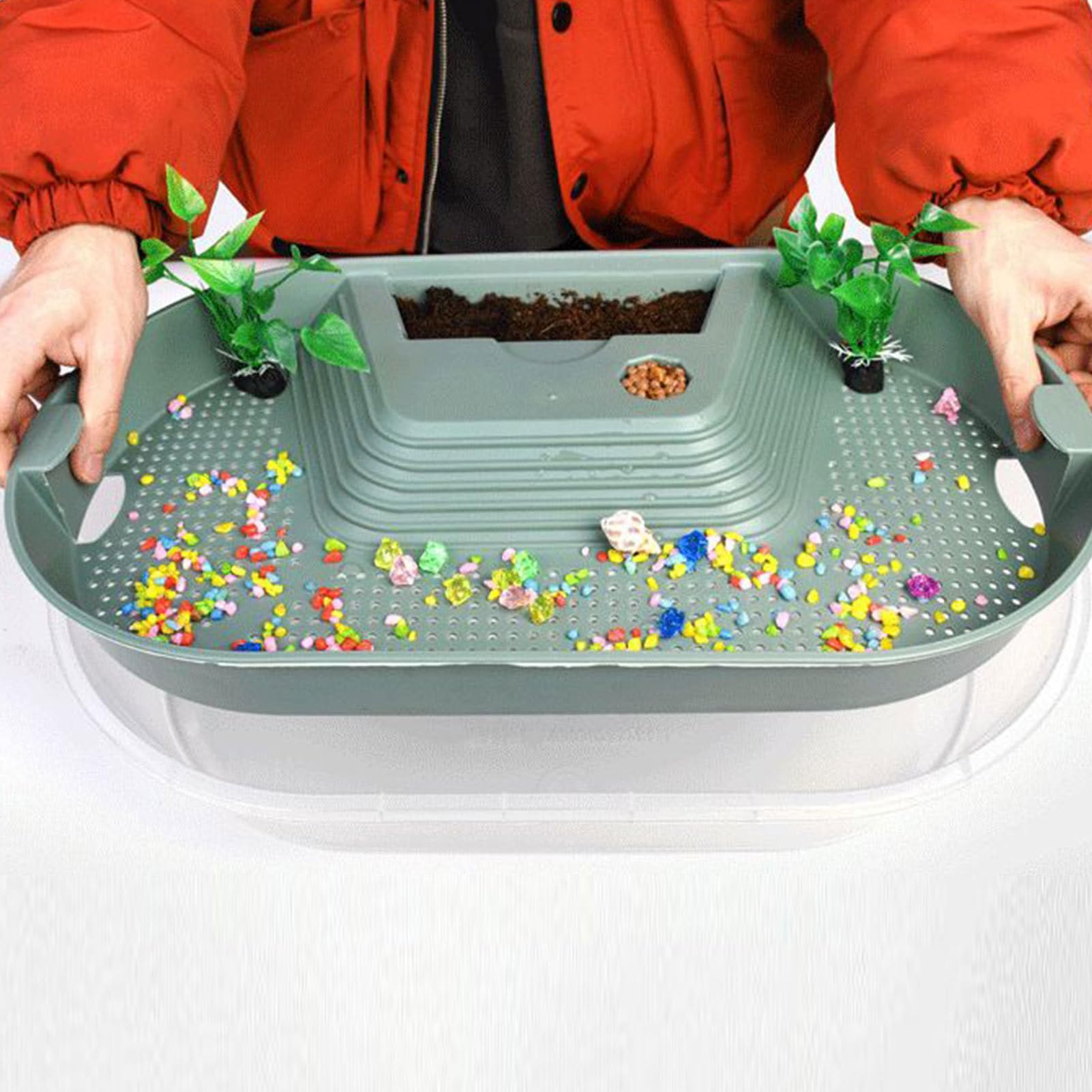 Serbatoio per tartarughe d'acqua, terrario per tartarughe, di drenaggio inferiore, coperchio trasparente, scatola per allevamento habitat per piccoli rettili eremiti, granchi, gechi, piccoli