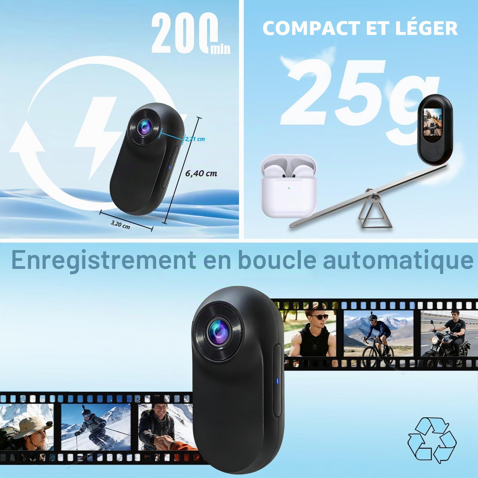 Mini Caméra Sport Portable Miniature, Caméra POV Magnétique, Mini Camera Velo, 32GB Incluse Camera Moto, pour Voyages, Velo, Casque Moto(Noir)