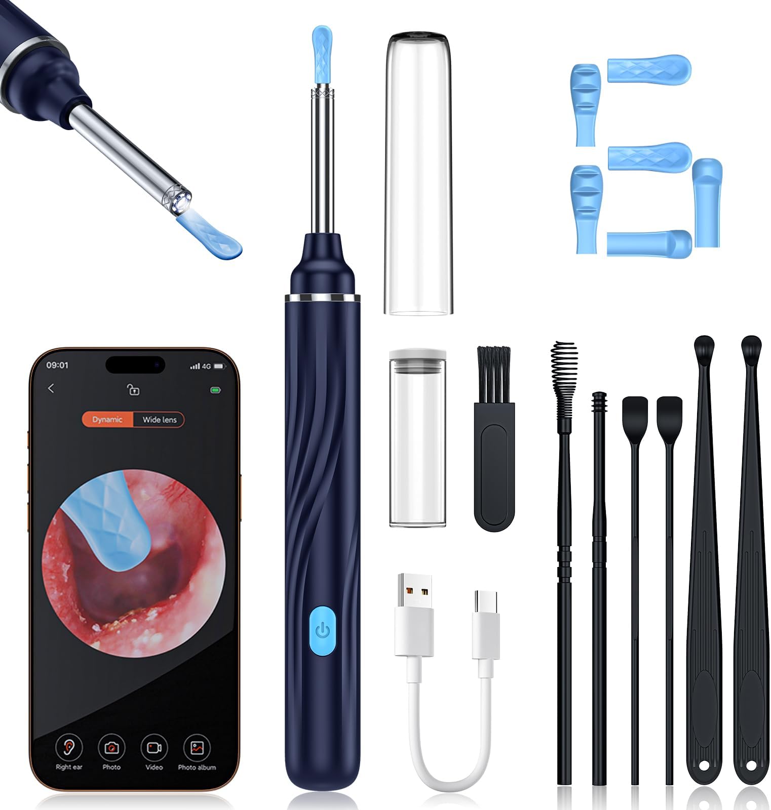 Ear Wax Removal Tool Camera, Ear Cleaner with Camera, 1080P HD Ear Camera and 6 LED Light, Ear Wax Removal Kit with 6 Ear Pick, 6 Pcs Ear Set, Ear Camera Wax Removal for iOS & Android, Blue