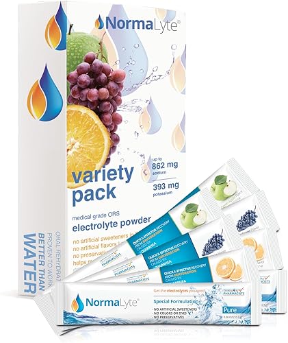 NormaLyte Sales de rehidratación oral, paquete de 8 a 4 sabores, suplemento energético, electrolitos en polvo, suplemento de potasio, vegano,