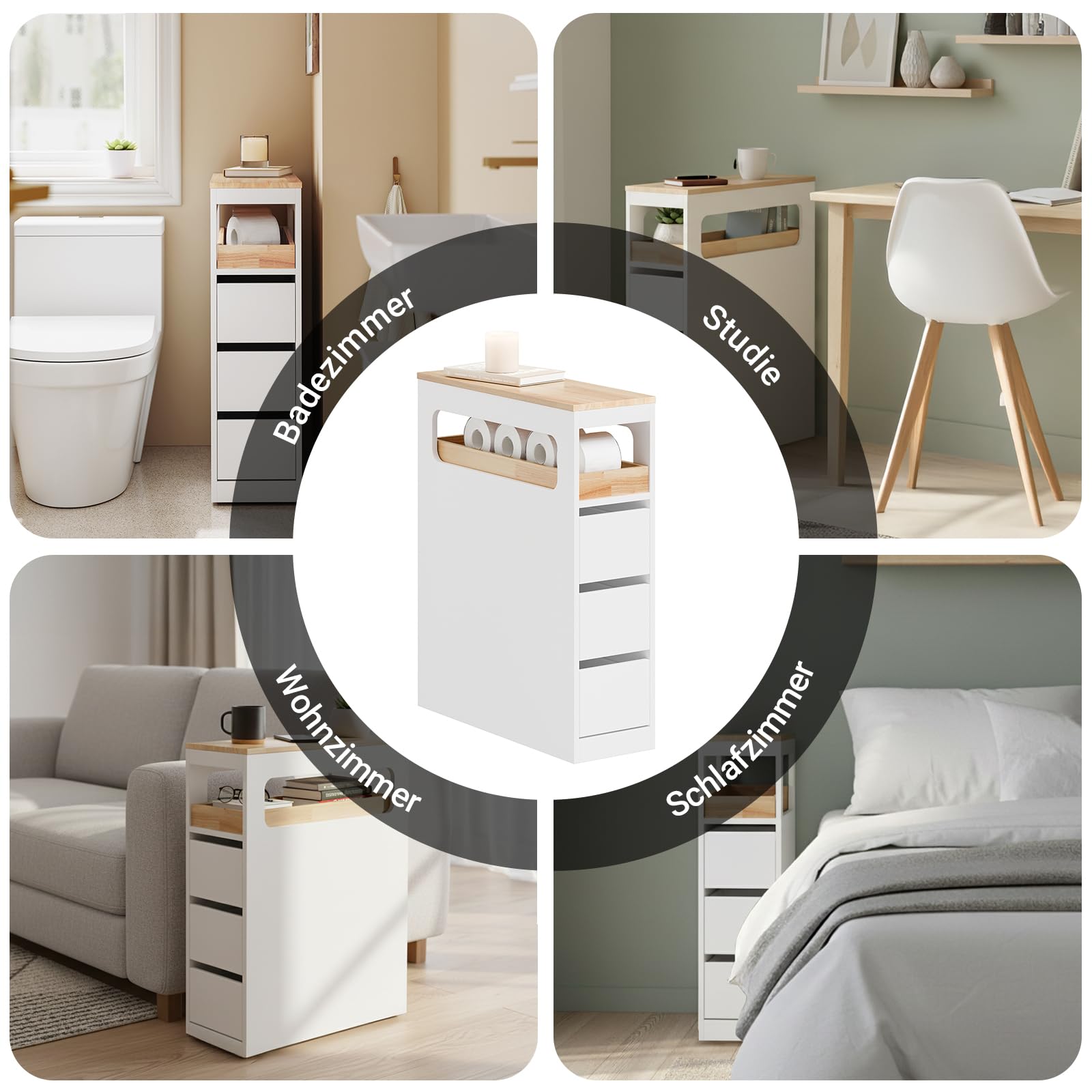 SoBuy Badezimmerschrank Schmal Badschrank mit 3 Schubladen Nischenschrank Holz für kleine Bäder WC & Küche Toilettenschrank Beistellschrank, Weiß 65x23x82cm BZR54-II-W