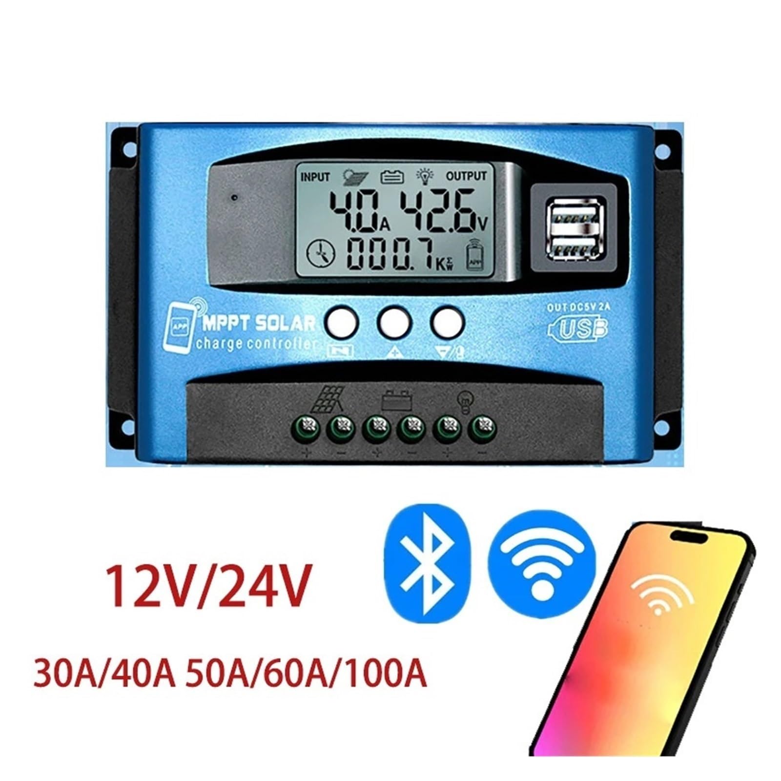 Kontroler ładowania słonecznego, 12V 24V WiFi Bluetooth MPPT Regulator Ładowania Słonecznego Z Wyświetlaczem LCD Podwójny Port USB Do Baterii Litowo-ołowiowej 100A 60A 40A 30A(Only bluetooth,100A)