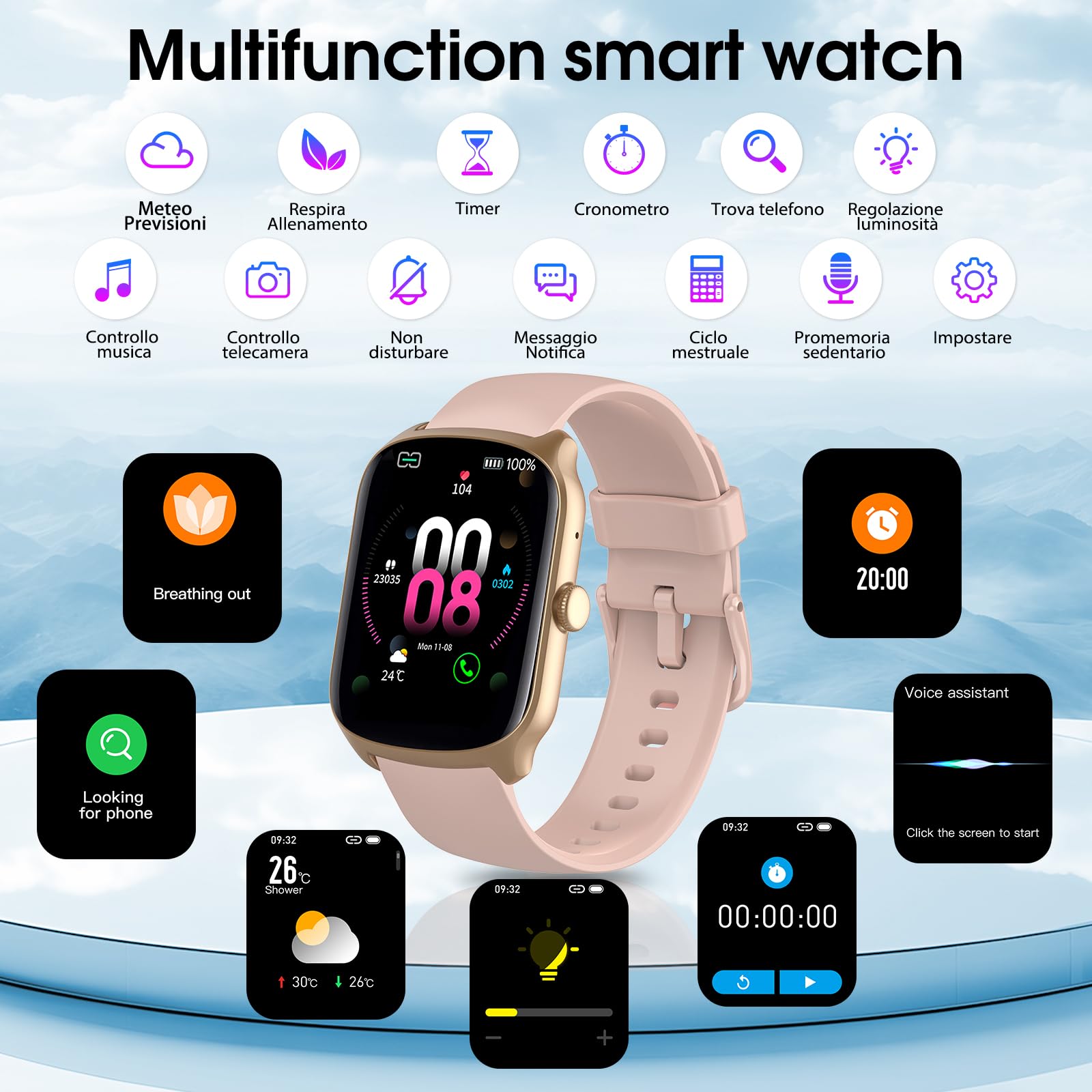 Qecnato Smartwatch Uomo Donna, 1.95HD schermo curvo Orologio watch Chiamate Bluetooth, 110 Modalità Sportive Fitness watch, Contapassi Sonno Cardiofrequenzimetro, Rosa