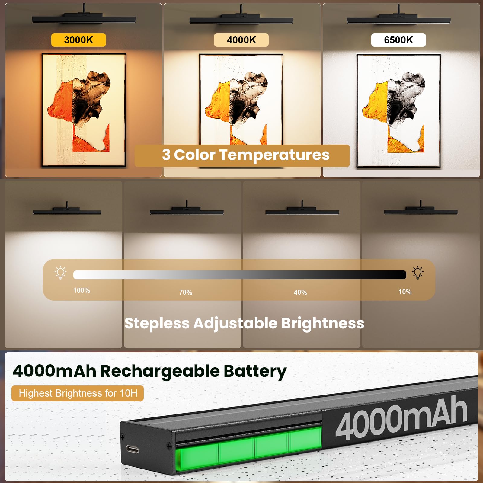 Bridika Picture Light Set of 2, Rechargeable 15.7in Battery Operated Wall Lights with Timer, Remote Control, 3 Color Temperatures, Dimmable Wall Sconce for Artwork, Gallery, Dartboard, Portraits Black