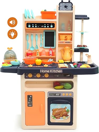 Juego de cocina de lujo para niños, juego de cocina de juguete de 65 piezas con grifo funcional, efectos de vapor realistas, luces y sonidos, y una