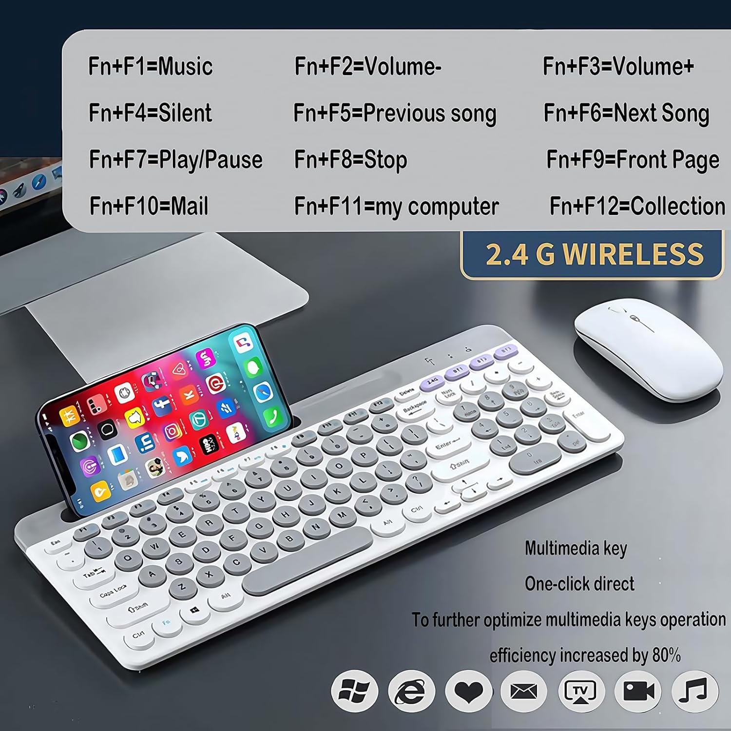 Wireless Keyboard and Mouse Combo with Phone Tablet Holder, Rechargeable Dual-Mode (Bluetooth 5.0 and 3.0 +2.4G) Multi-Device Silent Mouse for Windows, iPad, Tablet, MacOS,iOS,Android (Grey+White) image 3 of 8 B0DPHX16TJ