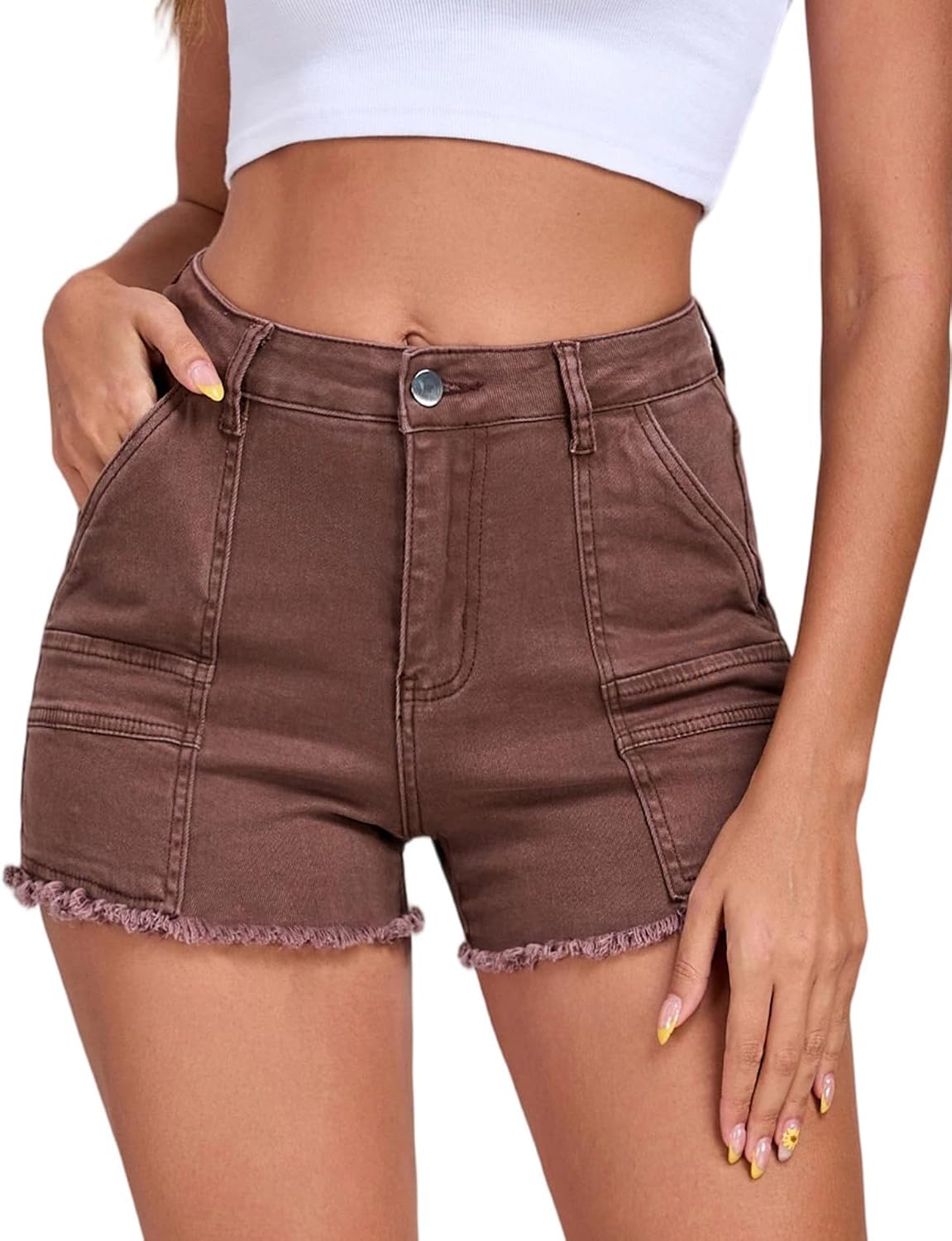 2026 Women's Stretchy Cargo Denim Shorts Mid Rise Jean Shorts Raw Hem Jorts with Pockets Short Jeans 3.5" Inseam