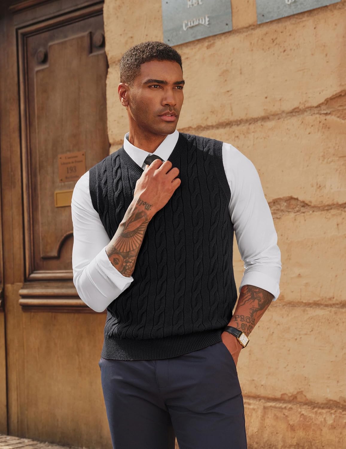 PJ PAUL JONES Men's Sweater Vests V Neck Cable Twist Knit Sleeveless Vests Casual Pullover Sweater - Image 2