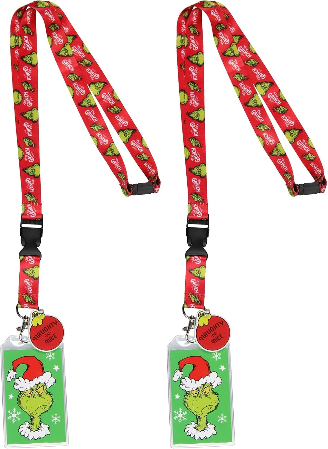 The Grinch Lanyard Badge Holder with Grinch Card and 2" Naughty Or Nice Rubber Ornament Pendant (Pack of 2)