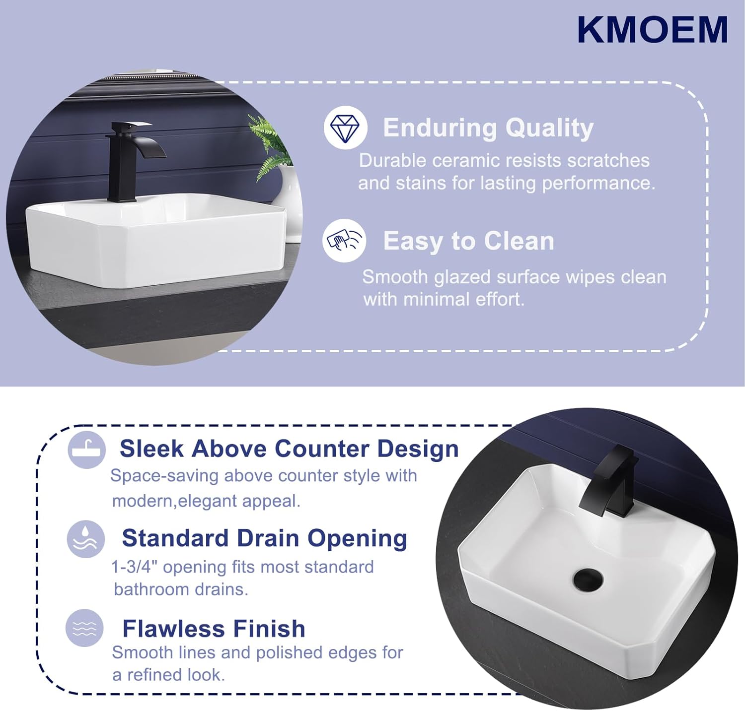 Vessel Sink 20"x15" Rectangular Bathroom Sink Modern White Porcelain Ceramic Above Counter Drop-in Vanity Sink for Bathrooms Art Basin with Faucet Hole