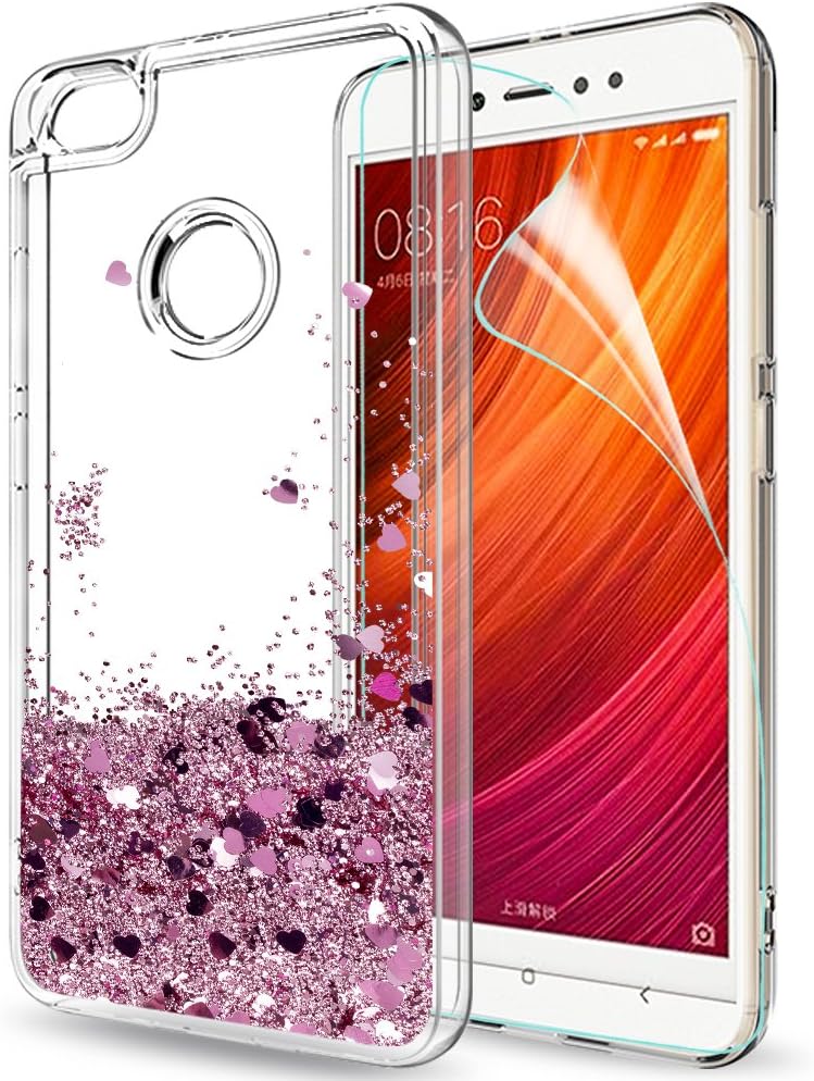 Xiaomi Redmi Note 5A Case with Screen Protector, LeYi Girl Women 3D Glitter Liquid Moving Cute Personalised Clear Transparent Silicone Gel Shockproof Cover for Redmi NOTE 5A 5A Prime Rose Gold (Pink)