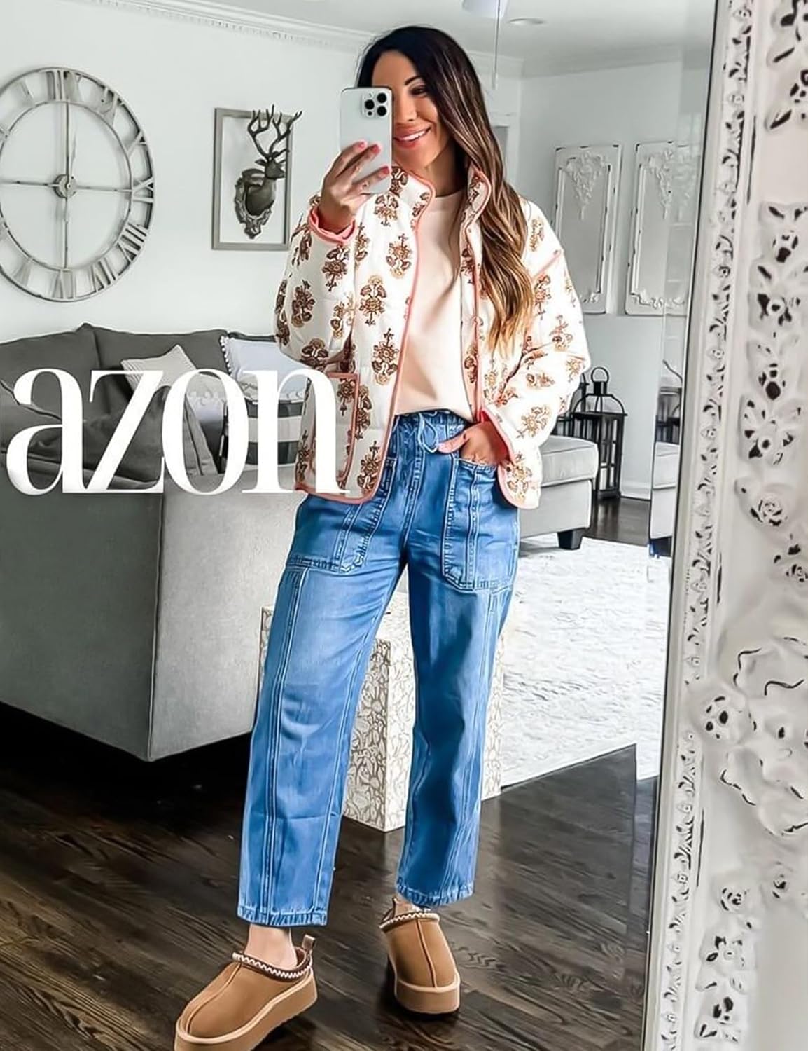 Wyeysyt Women's Cropped Quilted Jacket Floral Print Puffer Jackets Open Front Lightweight Jacket - Image 3