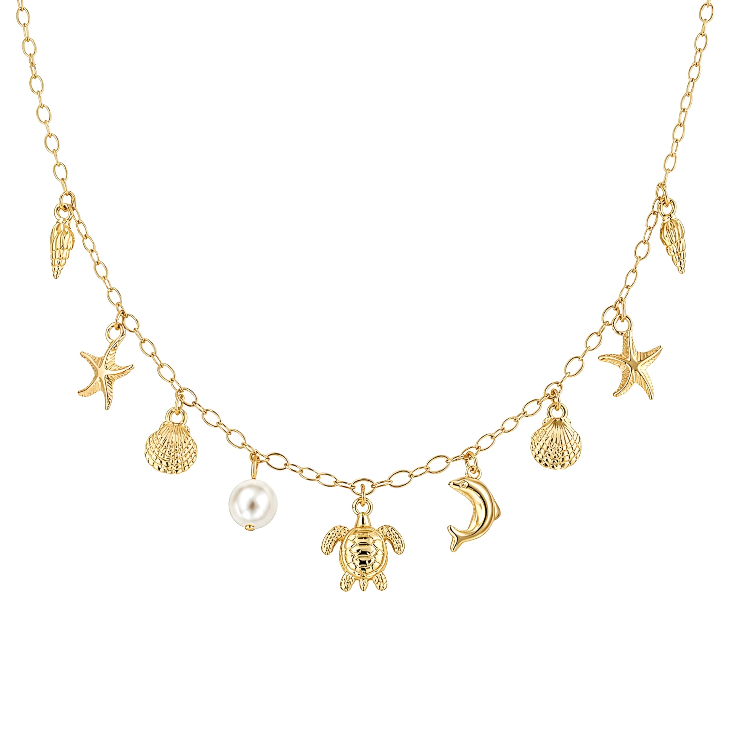 Gold Sea Life Charm Necklace for Women – Tropical Turtle, Dolphin & Starfish Pendant Jewelry – 18K Gold Plated Nautical Shell & Pearl Station Necklace – Summer Beach Vacation Gift for Her-image-18